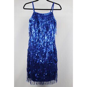 Women's Fringe Spaghetti Strap Mini Dress Sparkle Cocktail Party Dress, Blue, S
